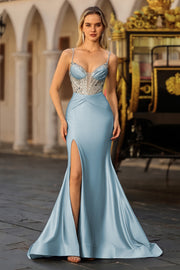 Dusty Blue Mermaid Corset Beaded Lace Up Back Long Prom Dress with Slit