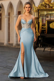 Dusty Blue Mermaid Corset Beaded Lace Up Back Long Prom Dress with Slit