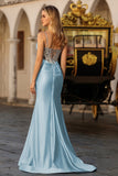 Dusty Blue Mermaid Corset Beaded Lace Up Back Long Prom Dress with Slit