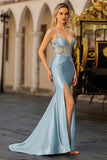 Dusty Blue Mermaid Corset Beaded Lace Up Back Long Prom Dress with Slit