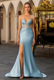 Dusty Blue Mermaid Corset Beaded Lace Up Back Long Prom Dress with Slit