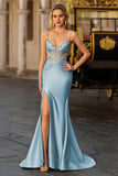 Dusty Blue Mermaid Corset Beaded Lace Up Back Long Prom Dress with Slit
