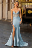 Dusty Blue Mermaid Corset Beaded Lace Up Back Long Prom Dress with Slit