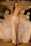 Sparkly Champagne Mermaid Corset Beaded Long Prom Dress with Overlay