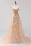 Sparkly Champagne Mermaid Sequin Corset Beaded Long Prom Dress