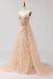 Sparkly Champagne Mermaid Sequin Corset Beaded Long Prom Dress