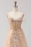 Sparkly Champagne Mermaid Sequin Corset Beaded Long Prom Dress