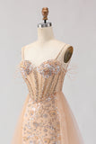 Sparkly Champagne Mermaid Sequin Corset Beaded Long Prom Dress