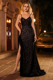 Sparkly Black Mermaid Corset Sequins Ruffled Long Prom Dress with Slit