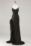 Sparkly Black Mermaid Corset Sequins Ruffled Long Prom Dress with Slit