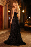Sparkly Black Mermaid Corset Sequins Ruffled Long Prom Dress with Slit