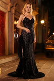 Sparkly Black Mermaid Corset Sequins Ruffled Long Prom Dress with Slit