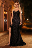 Sparkly Black Mermaid Corset Sequins Ruffled Long Prom Dress with Slit