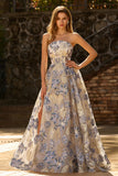 Dusty Blue Strapless Jacquard A-Line Floral Corset Long Prom Dress with Slit