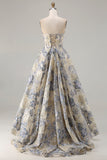 Dusty Blue Strapless Jacquard A-Line Floral Corset Long Prom Dress with Slit
