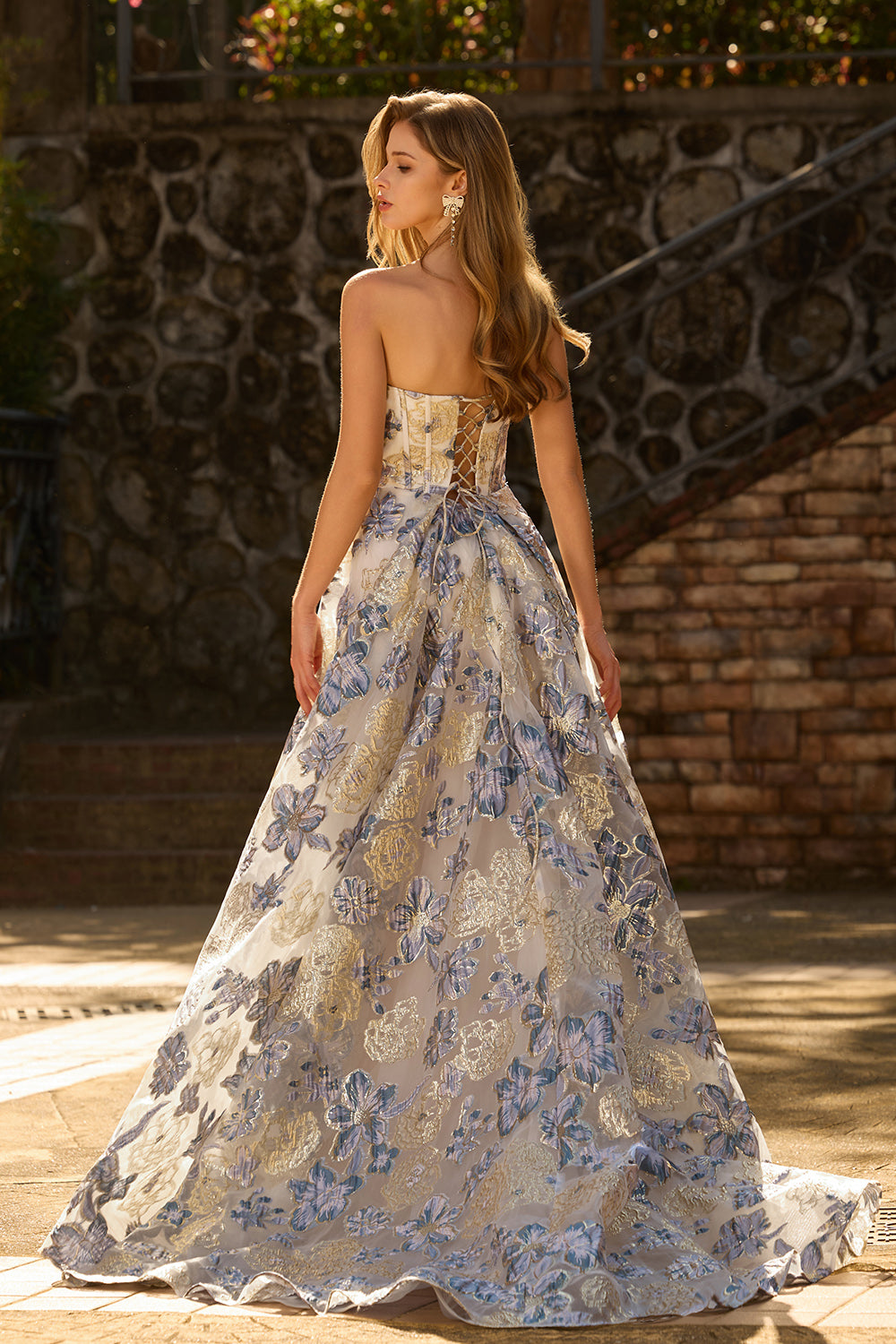 WEDTREND Women Dusty Blue Long Prom Dress with Slit A Line Strapless Corset Floral Jacquard Satin Wedding Party Dress with Lace Up Back, Dusty Blue