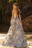 Dusty Blue Strapless Jacquard A-Line Floral Corset Long Prom Dress with Slit