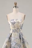Dusty Blue Strapless Jacquard A-Line Floral Corset Long Prom Dress with Slit