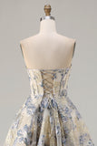 Dusty Blue Strapless Jacquard A-Line Floral Corset Long Prom Dress with Slit