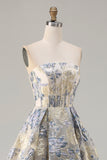 Dusty Blue Strapless Jacquard A-Line Floral Corset Long Prom Dress with Slit