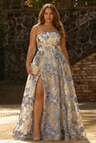 Dusty Blue Plus Size Strapless Jacquard A-Line Floral Corset Long Prom Dress with Slit