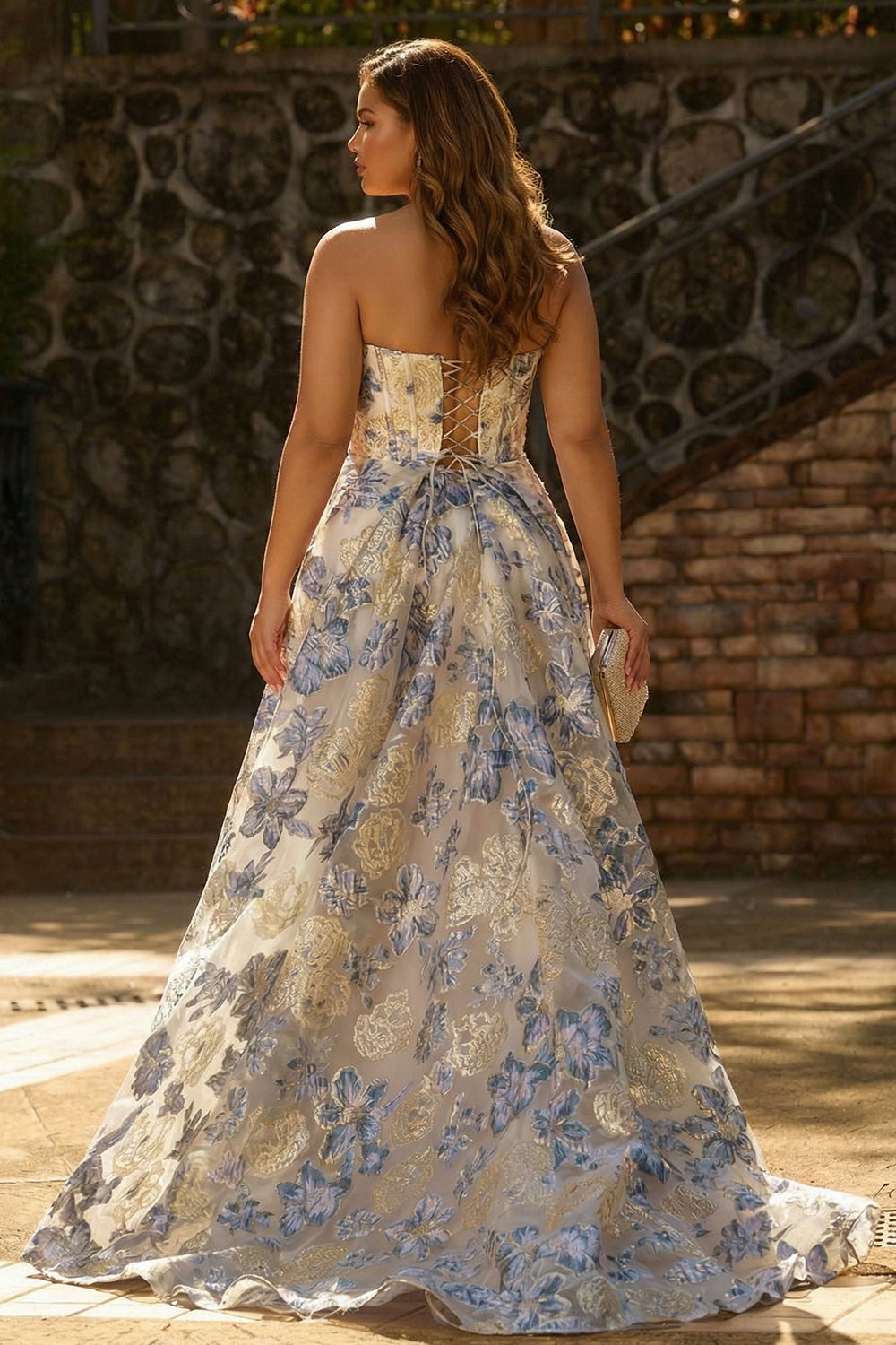 WEDTREND Women Dusty Blue Plus Size Long Prom Dress with Slit A Line Strapless Corset Floral Jacquard Satin Wedding Party Dress with Lace Up Back WEDTREND Women Dusty Blue Plus Size Long Prom Dress with Slit A Line Strapless Corset Floral Jacquard Satin Wedding Party Dress with Lace Up Back