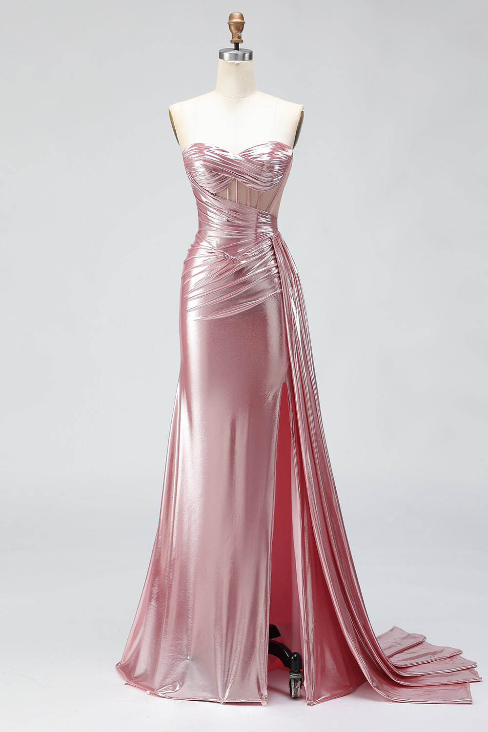 WEDTREND Women Metallic Pink Long Prom Dress with Slit Mermaid Strapless Corset Ruched Party Dress with Lace Up Back, Pink / US24W