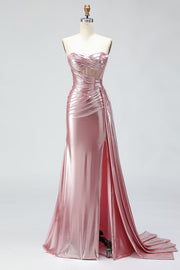Metallic Pink Mermaid Strapless Corset Lace Up Back Long Prom Dress with Slit