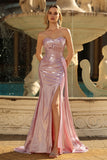 Metallic Pink Strapless Mermaid Corset Lace Up Back Long Prom Dress with Slit