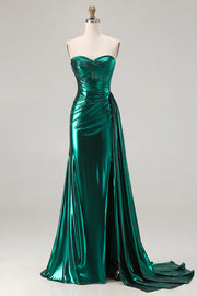 Metallic Dark Green Strapless Mermaid Corset Lace Up Back Long Prom Dress with Side Streamer