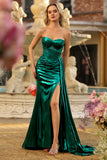 Metallic Dark Green Strapless Mermaid Corset Lace Up Back Long Prom Dress with Slit