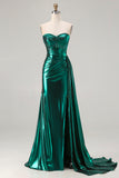 Metallic Dark Green Strapless Mermaid Corset Lace Up Back Long Prom Dress with Slit
