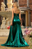 Metallic Dark Green Strapless Mermaid Corset Lace Up Back Long Prom Dress with Slit