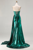 Metallic Dark Green Strapless Mermaid Corset Lace Up Back Long Prom Dress with Slit