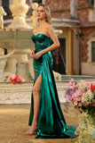Metallic Dark Green Strapless Mermaid Corset Lace Up Back Long Prom Dress with Slit