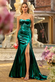 Metallic Dark Green Strapless Mermaid Corset Lace Up Back Long Prom Dress with Slit