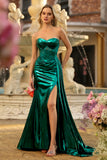 Metallic Dark Green Strapless Mermaid Corset Lace Up Back Long Prom Dress with Slit