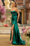 Metallic Dark Green Strapless Mermaid Corset Lace Up Back Long Prom Dress with Slit