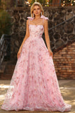 Sparkly Pink Sequin A Line Corset Long Prom Dress with Bows