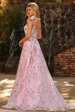 Sparkly Pink Sequin A Line Corset Long Prom Dress with Bows