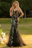 Black Flower Mermaid Corset Lace Up Back Long Prom Dress with Sequins