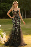 Black Flower Mermaid Corset Lace Up Back Long Prom Dress with Sequins