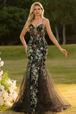 Black Flower Mermaid Corset Lace Up Back Long Prom Dress with Sequins