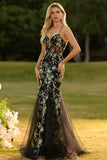 Black Flower Mermaid Corset Lace Up Back Long Prom Dress with Sequins