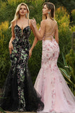 Black Flower Mermaid Corset Lace Up Back Long Prom Dress with Sequins