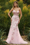 Pink Flower Mermaid Corset Lace Up Back Long Prom Dress with Sequins