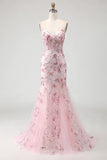 Pink Flower Mermaid Corset Lace Up Back Long Prom Dress with Sequins