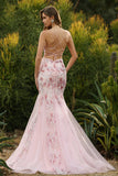 Pink Flower Mermaid Corset Lace Up Back Long Prom Dress with Sequins