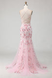 Pink Flower Mermaid Corset Lace Up Back Long Prom Dress with Sequins
