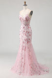 Pink Flower Mermaid Corset Lace Up Back Long Prom Dress with Sequins